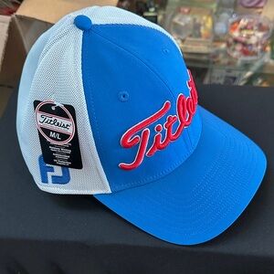 Titleist blue and white cap featuring a red logo. M/L